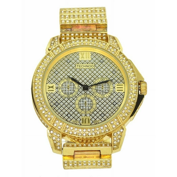 Men's Big Gold-tone CZ iceout Clubbing watch 55mm 13mm thick case. Gold-tone bling dial, 3 nonfunctional sub-dial, 24mm wide CZ iceout gold-tone metal link bracelet fits 8.5 inches wrist