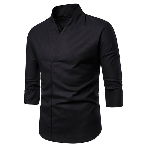 Men's & Big Hanfu Cotton Linen Loose Blouse 3/4 Sleeve V Neckline Chinese Traditional Clothes with Button Tops Summer Size M-4XL Black
