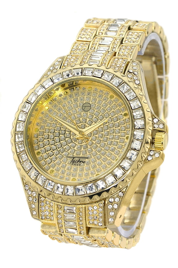 Mens Big Heavy Gold-Tone Iced-Out Clubbing Watch 50mm 13mm thick.