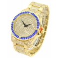 thumbnail image 1 of Men's Big Heavy Gold-tone Iceout Clubbing watch 48mm 16mm thick case. Blue CZ bezel, Gold CZ dial, 23mm wide Gold-tone CZ metal link bracelet fits 8.5 inches wrist., 1 of 2