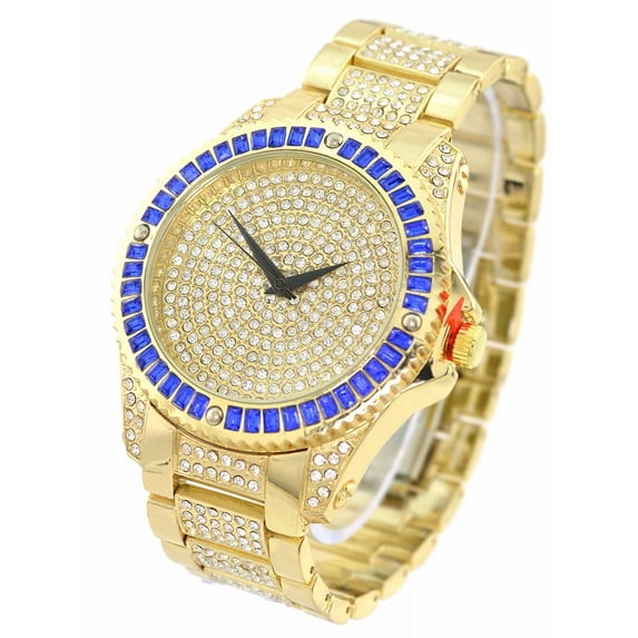 Men's Big Heavy Gold-tone Iceout Clubbing watch 48mm 16mm thick case. Blue CZ bezel, Gold CZ dial, 23mm wide Gold-tone CZ metal link bracelet fits 8.5 inches wrist.