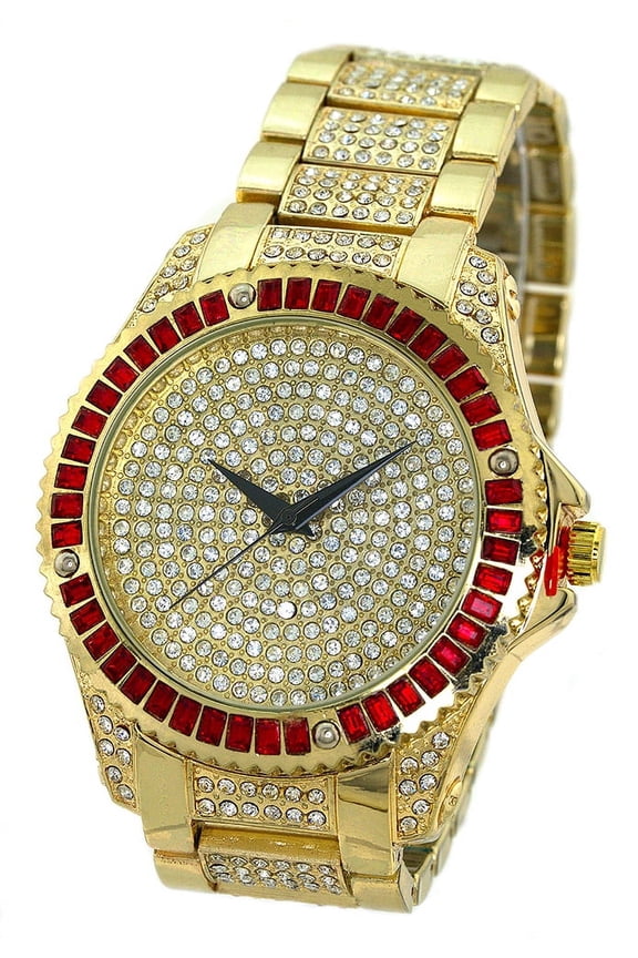 Men's Big Heavy Gold-tone Iceout Clubbing watch 48mm 16mm thick case. Red CZ bezel, Gold CZ dial, 23mm wide Gold-tone CZ metal link bracelet fits 8.5 inches wrist.