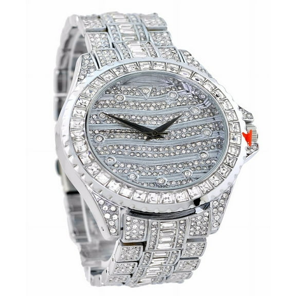 Men's Big Heavy Silver -tone ice-out clubbing watch 46mm 14mm thick case. CZ bezel and dial, 22mm wide silver-tone metal with cz bracelet fits 8 inches wrist.