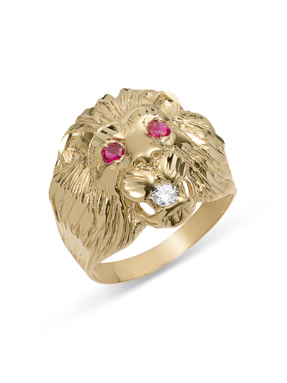 CZ Big Lion Head Mens Adult Ring Ruby Eyes 10K Yellow Gold, 6.60 Gr Goldum NYC