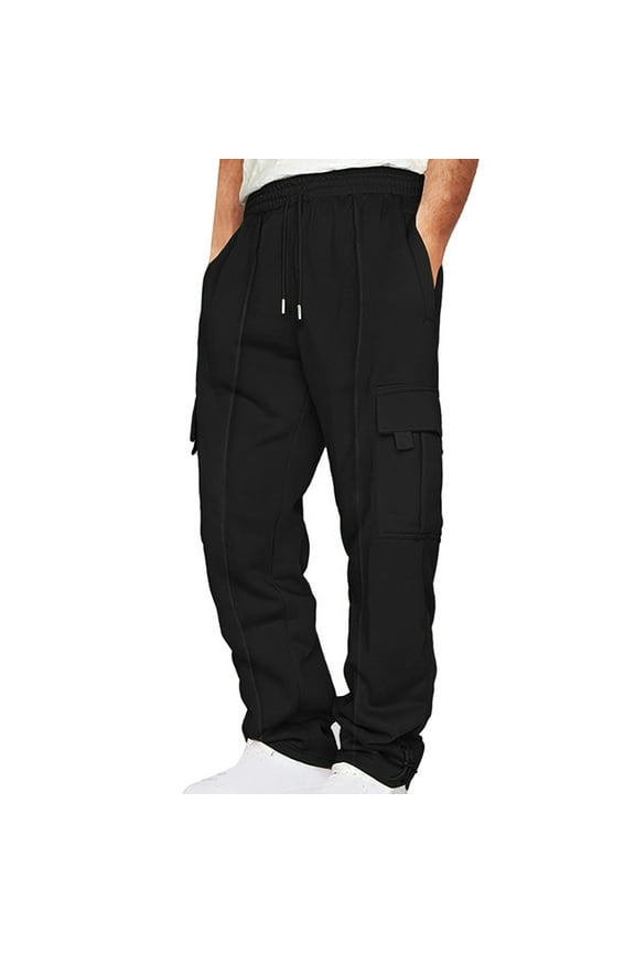 Men's and Big Men's Cargo Pants Solid-Color Loose Drawstring Elastic Waist Multi-Pocket Workwear Sports Pants Casual Trouser Lightweight Pants Size S-3XL