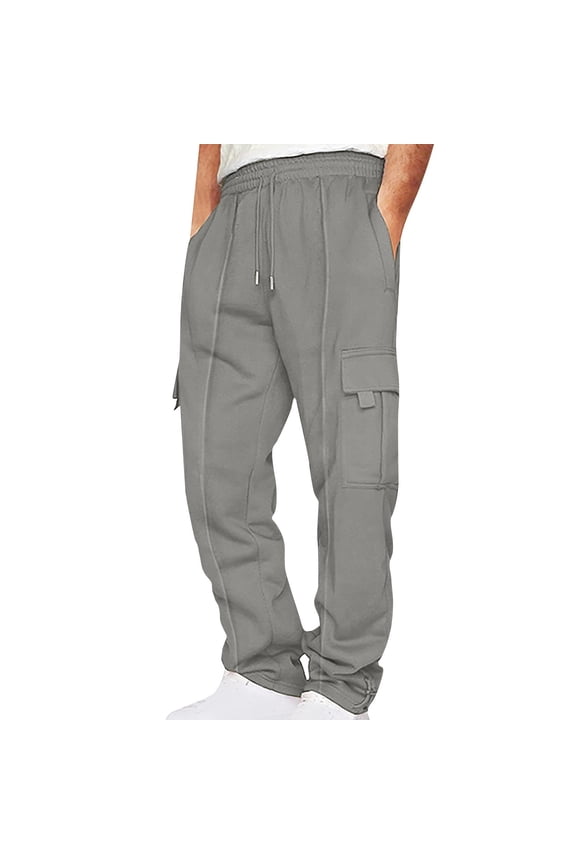 Men's and Big Men's Cargo Pants Solid-Color Loose Drawstring Elastic Waist Multi-Pocket Workwear Sports Pants Casual Trouser Lightweight Pants Size S-3XL
