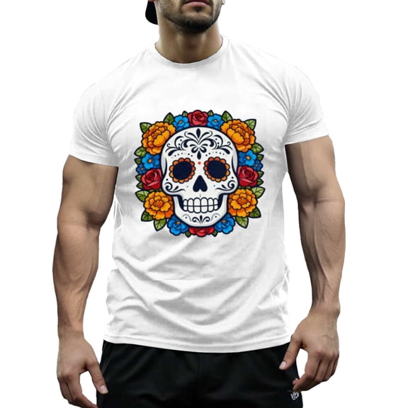 Men's & Big Men's Cotton Crewneck T-Shirt Skull Floals Print Short Sleeves, Size XS-5XL