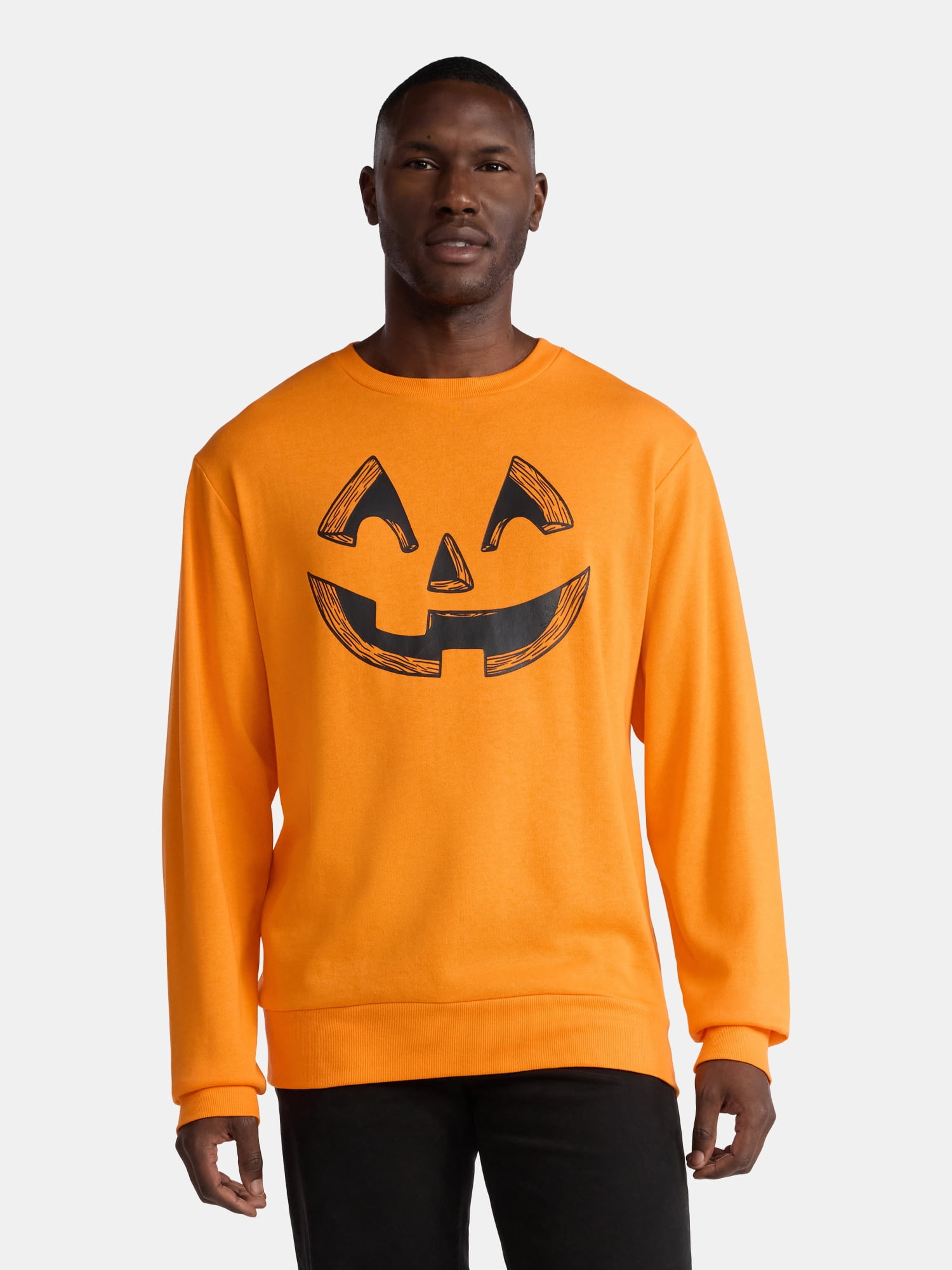 Halloween Crewneck Fleece Sweatshirt, Distressed Jack O' Lantern Pumpkin, Men's Sizes XS-3XL
