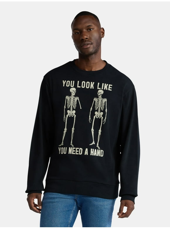 Halloween Crewneck Fleece Sweatshirt, You Look Like You Need a Hand Skeleton Crew, Men's Sizes XS-3XL