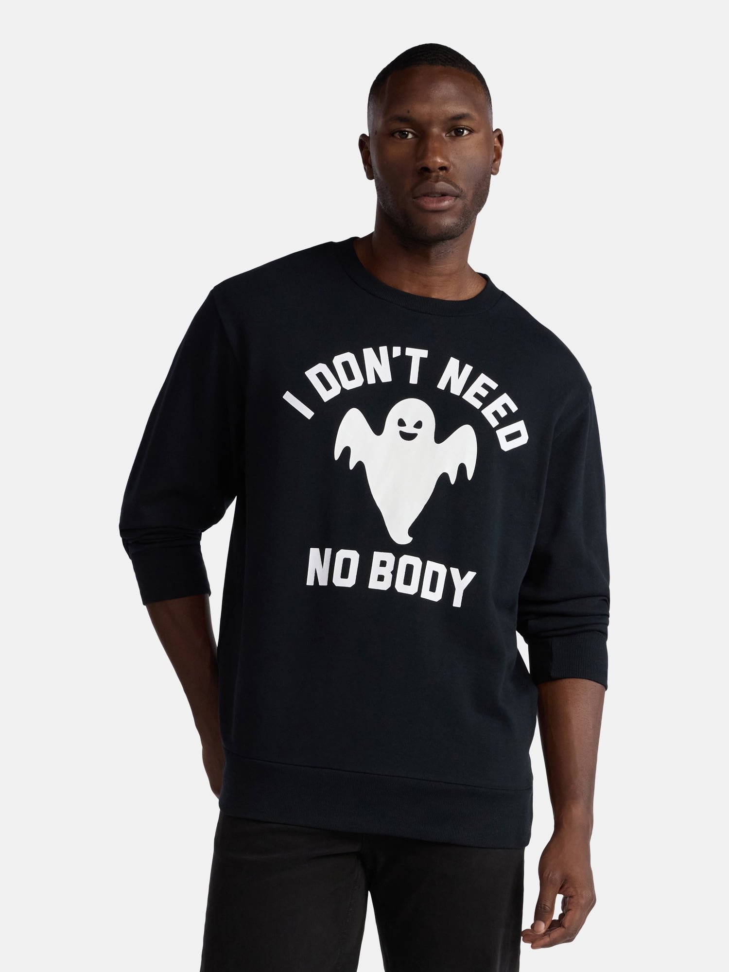 Halloween Crewneck Fleece Sweatshirt, Glow in the Dark Ghost I Don't Need No Body, Men's Sizes XS-3XL