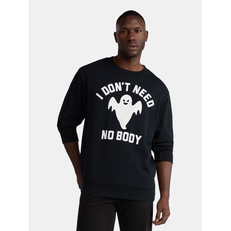 Halloween Crewneck Fleece Sweatshirt, Glow in the Dark Ghost I Don't Need No Body, Men's Sizes XS-3XL