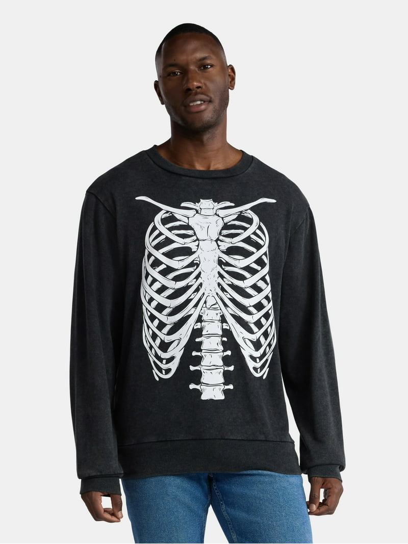 Halloween Crewneck Mineral Wash Fleece Sweatshirt, Skeleton Rib