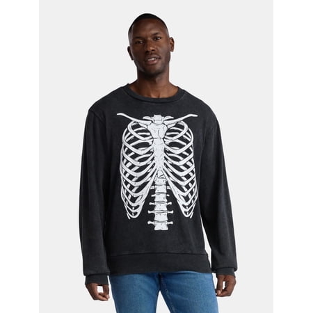 Halloween Crewneck Mineral Wash Fleece Sweatshirt, Skeleton Rib Cage, Men's Sizes XS-3XL