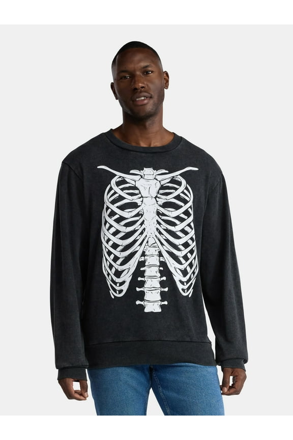 Halloween Crewneck Mineral Wash Fleece Sweatshirt, Skeleton Rib Cage, Men's Sizes XS-3XL