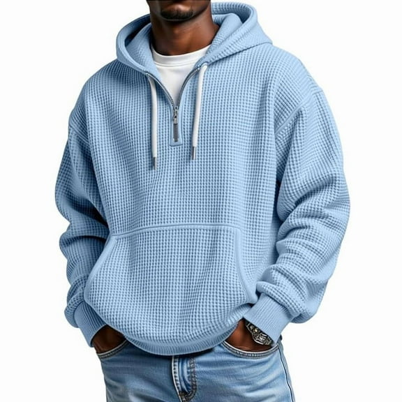 Men's & Big Men's Quarter Zip Pullover Sweatshirt Sports Shirt Casual Long Sleeve Tops Winter Hoodie with Pocket Light Blue S