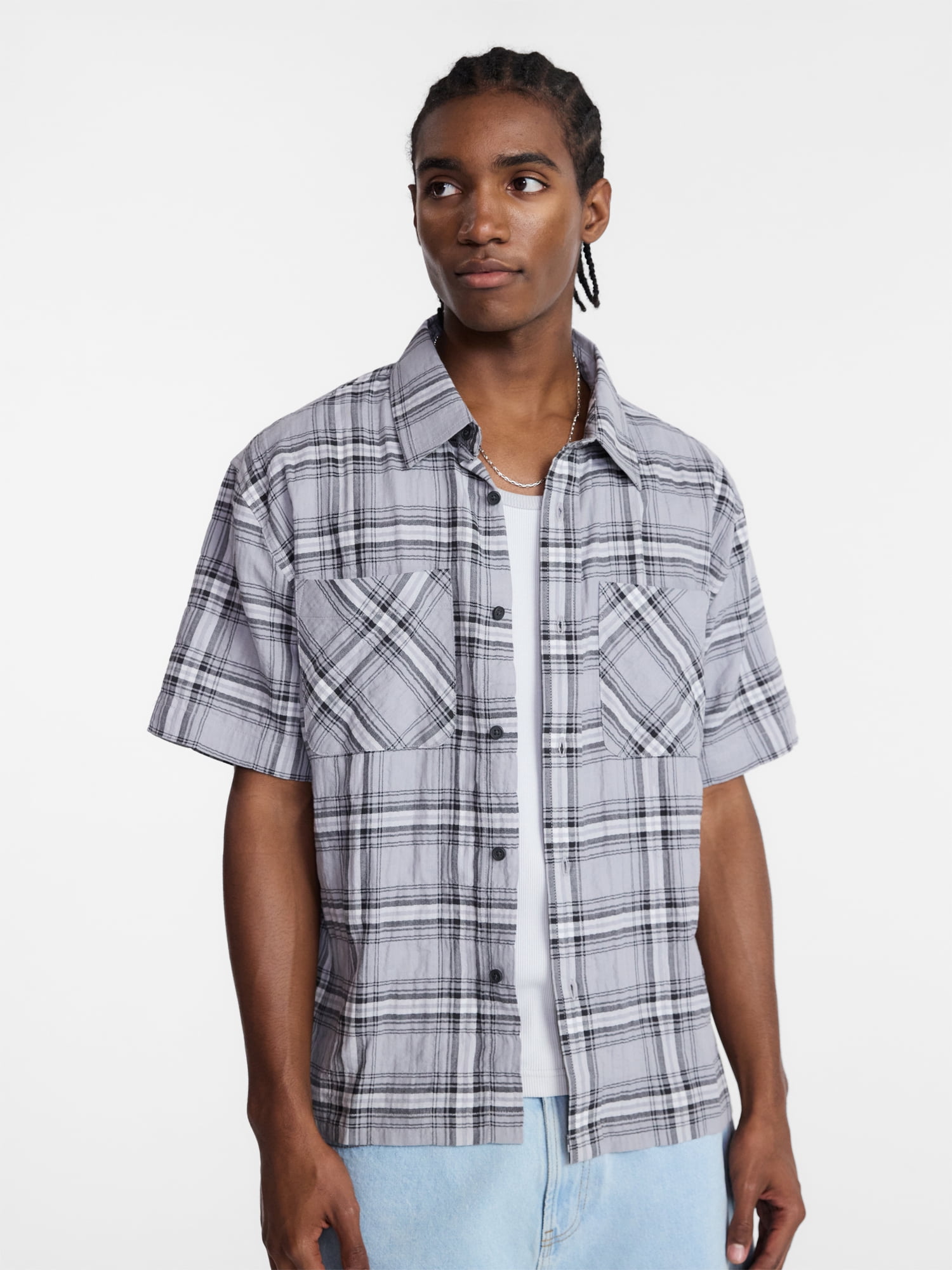 No Boundaries Textured Plaid Button Front Shirt with Short Sleeves, Men's XS-5XL
