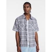 Textured Plaid Button Front Shirt with Short Sleeves, Men's XS-5XL