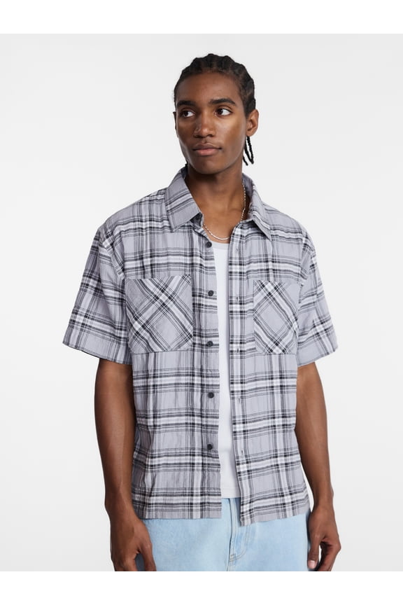Textured Plaid Button Front Shirt with Short Sleeves, Men's XS-5XL