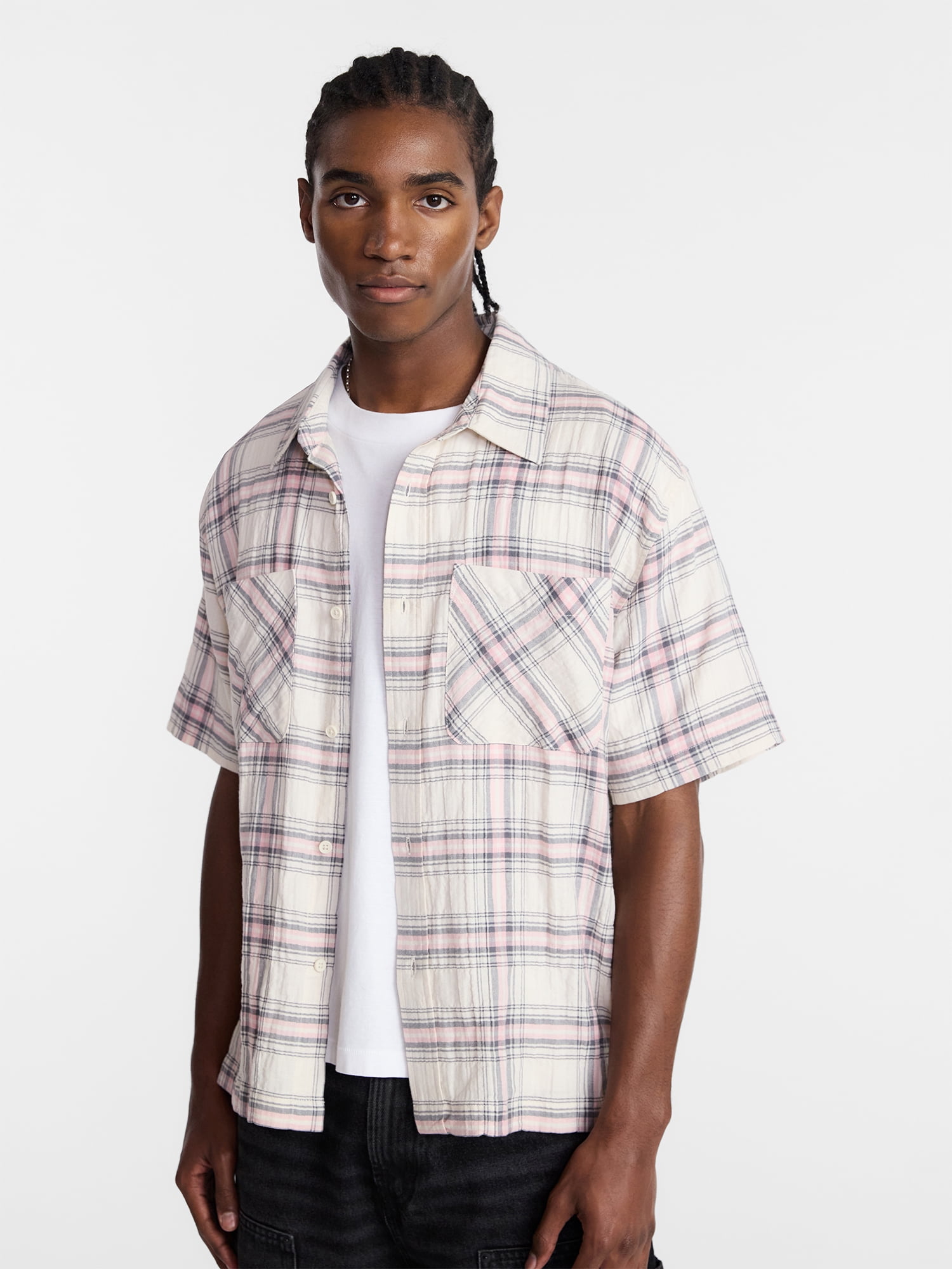 No Boundaries Textured Plaid Button Front Shirt with Short Sleeves, Men's XS-5XL