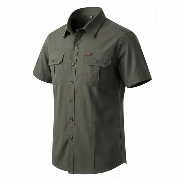 Men's and Big Short Sleeve Tactical Shirts Cotton Blend, UPF 50+ Ripstop Work Shirts, Breathable Button Down Outdoor Hiking Shirt with Double Pocket Size M-5XL Army Green