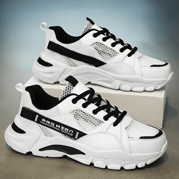 Men's Big Size Black White Mesh Chunky Platform Casual Dad Sneakers, Breathable Non-Slip Wide Toe Street Outdoor Walking Trainers