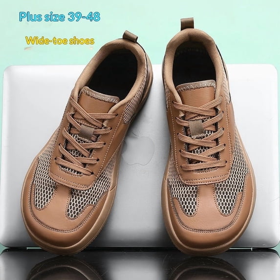 Men's Big Size Wide Toe Brown Hollow Mesh Lace Up Casual Skate Shoes, Breathable Non-Slip Lightweight Summer Street Daily Driving Footwear
