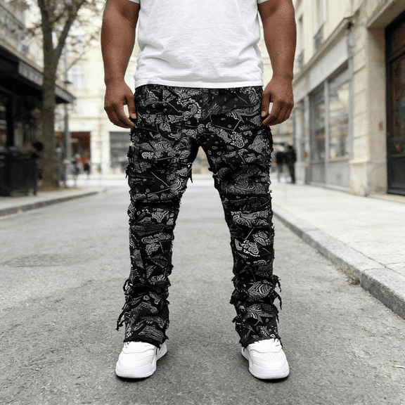 Men's Bandana Print Straight Leg Stretch Jeans: Distressed Cargo Pocket Denim | Comfort Flex Fabric, Standard (30-40) & Big & Tall (1XL-6XL) Sizing