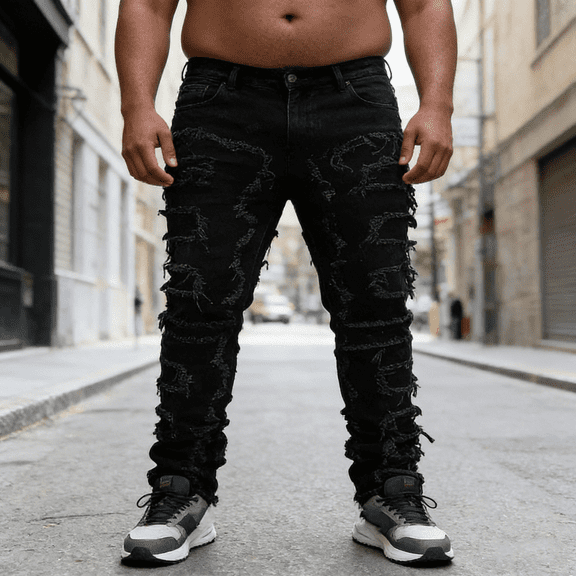Men's Straight Leg Stretch Jeans | Black Distressed Frayed Denim | Ripped Detail | 4-Way Flex | Standard & Big & Tall Sizes | Trendy Streetwear Jeans for Men