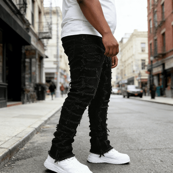 Men's Straight Leg Stretch Jeans | Black Distressed Frayed Denim | Ripped Detail | 4-Way Flex | Standard & Big & Tall Sizes | Trendy Streetwear Jeans for Men