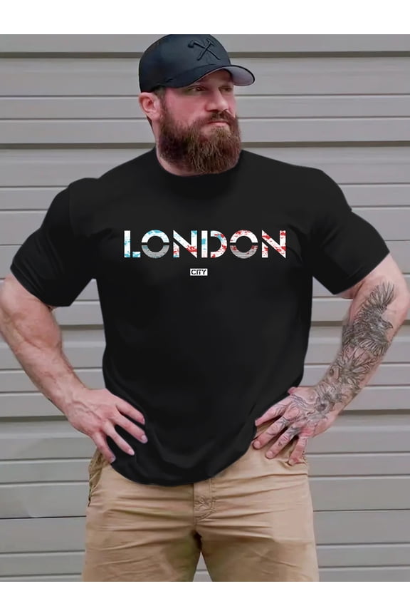 Men's Big & Tall Casual Short Sleeve T-Shirt - Medium Stretch Round Neck, Bold London Graphic Print, Navy Blue, Spring Summer Fall Essential for Adults & Teens, Seasonal Fashion