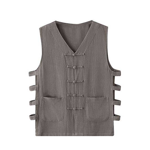 Men's Big & Tall Cotton Linen Shirts Sleeveless Casual Shirts Vintage Buckle Vest for Men Beach Summer Wedding Shirt Size M-4XL Gray