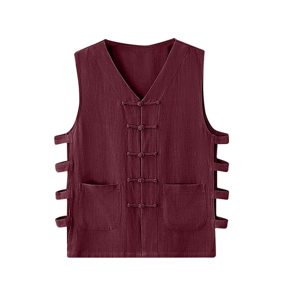 Men's Big & Tall Cotton Linen Shirts Sleeveless Casual Shirts Vintage Buckle Vest for Men Beach Summer Wedding Shirt Size M-4XL Wine