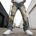 thumbnail image 1 of Men's Straight Leg Stretch Jeans | Distressed Acid Wash Denim | Ripped Frayed Detail | 4-Way Flex | Standard & Big & Tall Sizes | Trendy Streetwear Jeans for Men, 1 of 5
