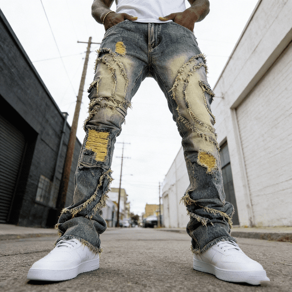 Men's Straight Leg Stretch Jeans | Distressed Acid Wash Denim | Ripped Frayed Detail | 4-Way Flex | Standard & Big & Tall Sizes | Trendy Streetwear Jeans for Men