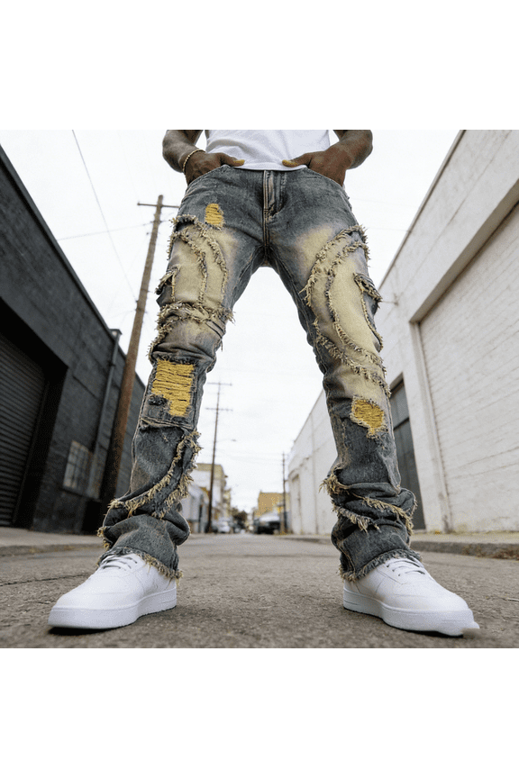 Men's Straight Leg Stretch Jeans | Distressed Acid Wash Denim | Ripped Frayed Detail | 4-Way Flex | Standard & Big & Tall Sizes | Trendy Streetwear Jeans for Men