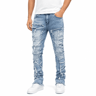 Huang's Men's Ripped Jeans Slim Straight Stretch Denim Pants, Distressed Patchwork Jeans for Men with Raw Frayed Hem
