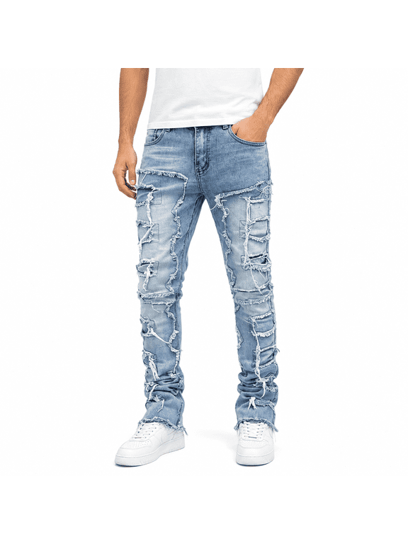 Huang's Men's Ripped Jeans Slim Straight Stretch Denim Pants, Distressed Patchwork Jeans for Men with Raw Frayed Hem