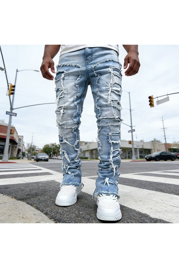 Men's Straight Leg Stretch Jeans | Light Wash Distressed Frayed Denim | Ripped Detail | 4-Way Flex | Standard & Big & Tall Sizes | Trendy Streetwear Jeans for Men
