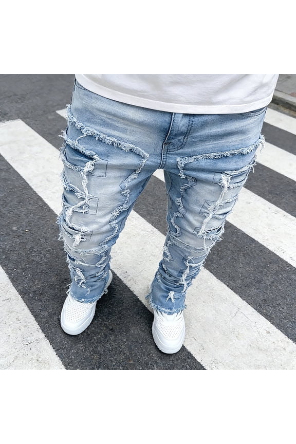 Men's Straight Leg Stretch Jeans | Light Wash Distressed Frayed Denim | Ripped Detail | 4-Way Flex | Standard & Big & Tall Sizes | Trendy Streetwear Jeans for Men