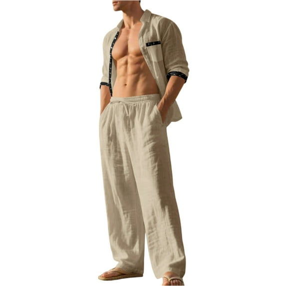 Men's Big & Tall Linen Set | Old Money Shirt, Loose Long Sleeve & Pants Breathable Lightweight Linen | Classic For Vacation, Casual & Daily