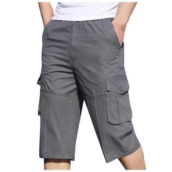 Men's Big & Tall Long Cargo Shorts Cotton Ripstop Workwear Below Knee Capris with Muti Pockets Drawstring Elastic Waistband Capri Pants Big and Tall Size 2XL-6XL Gray