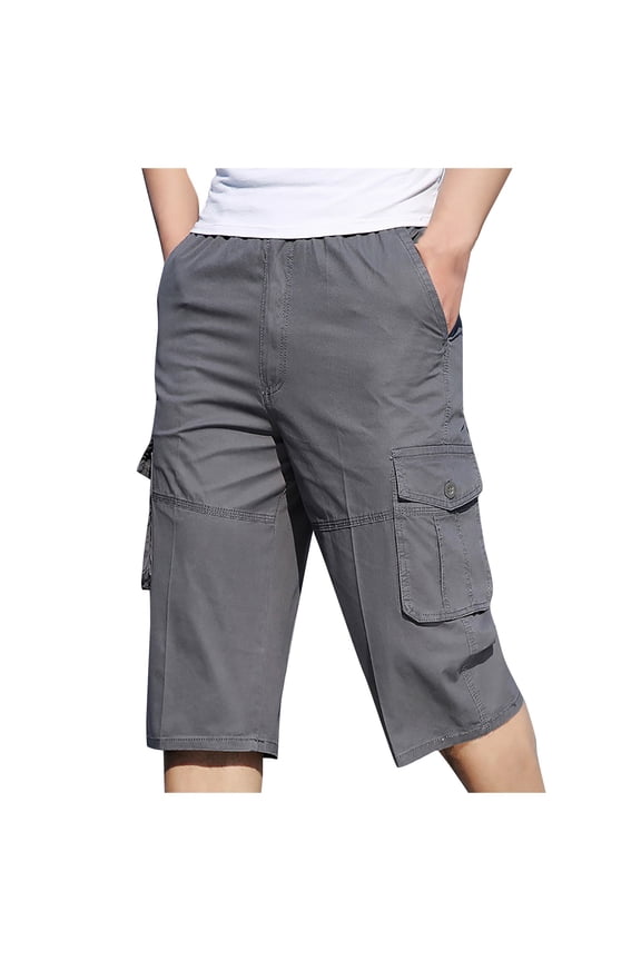 Men's Big & Tall Long Cargo Shorts Cotton Ripstop Workwear Below Knee Capris with Muti Pockets Drawstring Elastic Waistband Capri Pants Big and Tall Size 2XL-6XL Gray