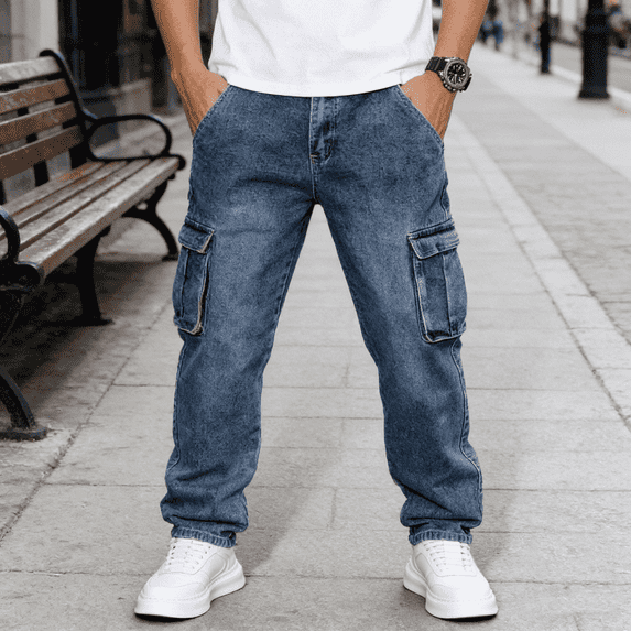 Men's Straight Leg Stretch Cargo Jeans | Medium Wash Denim | Multi-Pockets | 4-Way Flex | Standard & Big & Tall Sizes | Trendy Casual Jeans for Men