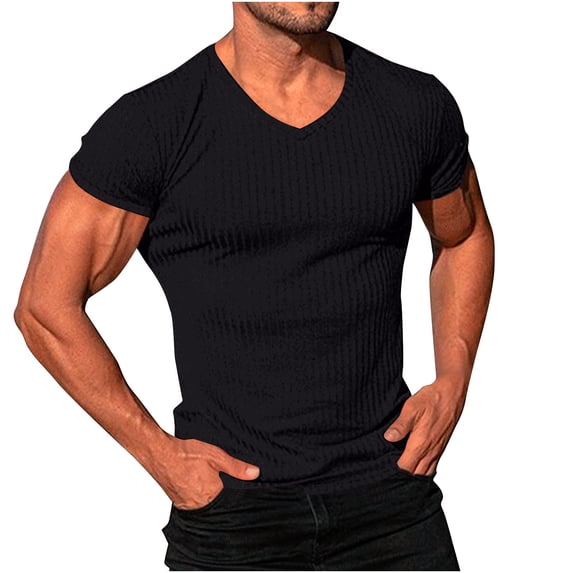 Men's Big & Tall Muscle V Neck Ribbed T Shirts Stretch Short Sleeve Bodybuilding Workout Casual Slim Fit Tee Shirts Size M-4XL Black
