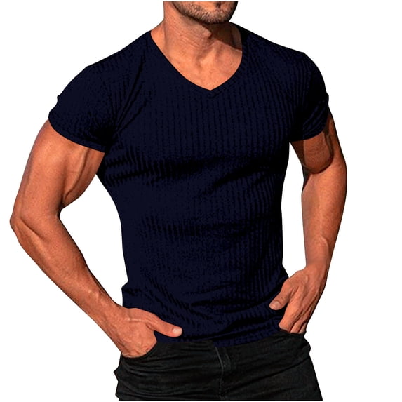 Men's Big & Tall Muscle V Neck Ribbed T Shirts Stretch Short Sleeve Bodybuilding Workout Casual Slim Fit Tee Shirts Size M-4XL Navy