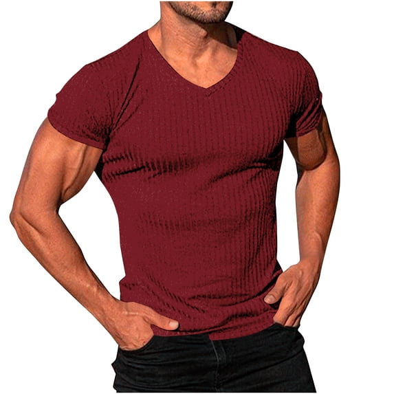Men's Big & Tall Muscle V Neck Ribbed T Shirts Stretch Short Sleeve Bodybuilding Workout Casual Slim Fit Tee Shirts Size M-4XL Red