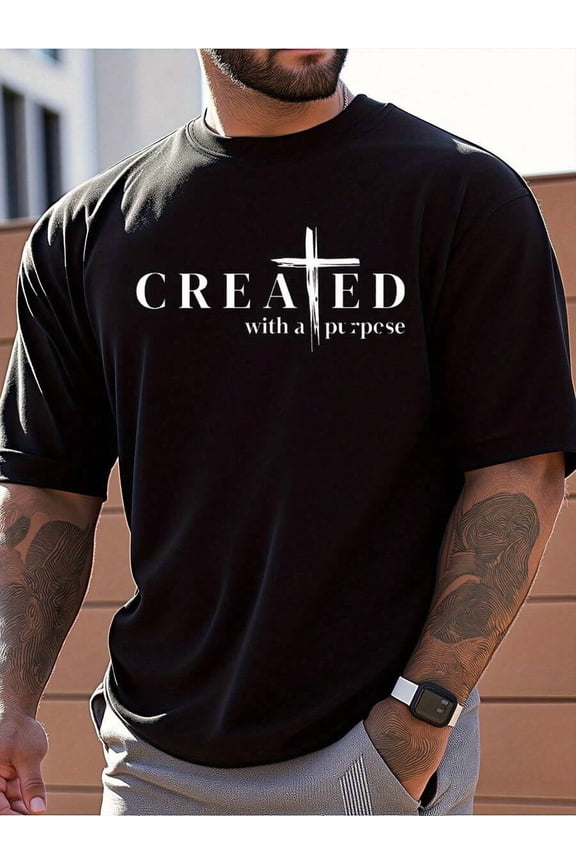 Men's Big & Tall Oversized Christian Graphic T-Shirt - 100% Cotton Faith-Inspired "Created With A Purpose" Cross & Lettering Design, Lightweight Breathable Casual Round Neck Short Sleeve Tee For Chur