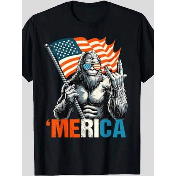 Men's Big & Tall Patriotic Gorilla Graphic T-Shirt - 'MERICA Print, 100% Cotton, Short Sleeve, Round Neck, Comfortable & Breathable For Summer