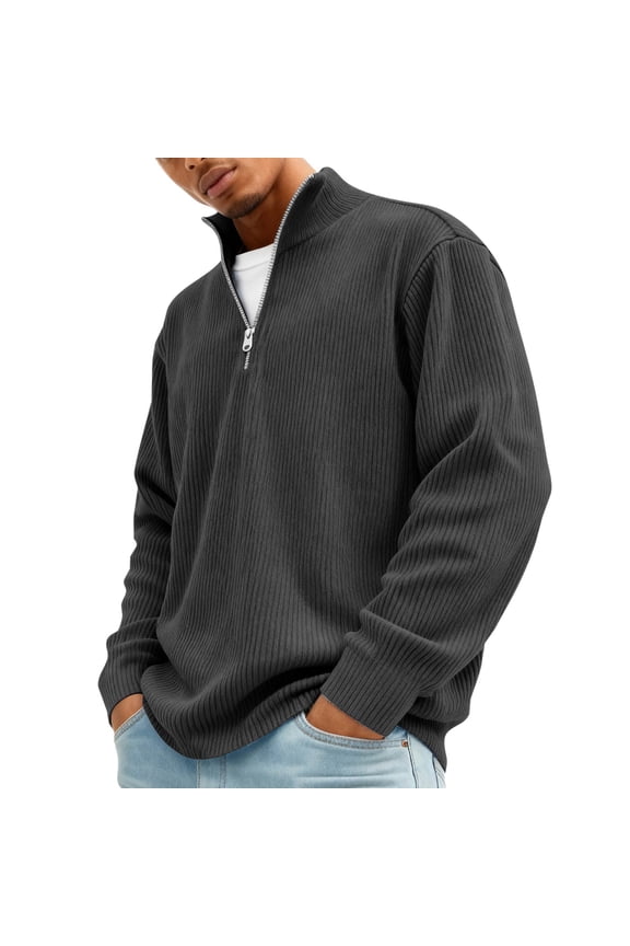 Men's Big and Tall Pullover Sweater Ribbed Knit Polo Sweaters Long Sleeve Solid Color Quarter Zip Pullover Sweater Winter Warm Casual Mock Neck Corduroy Polo Sweatshirt Quarter Zip Polo Sweatshirt