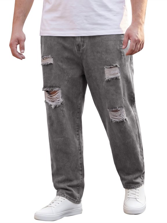Men's Big & Tall Ripped Jeans Casual Baggy Distressed Denim Pants 44 Gray